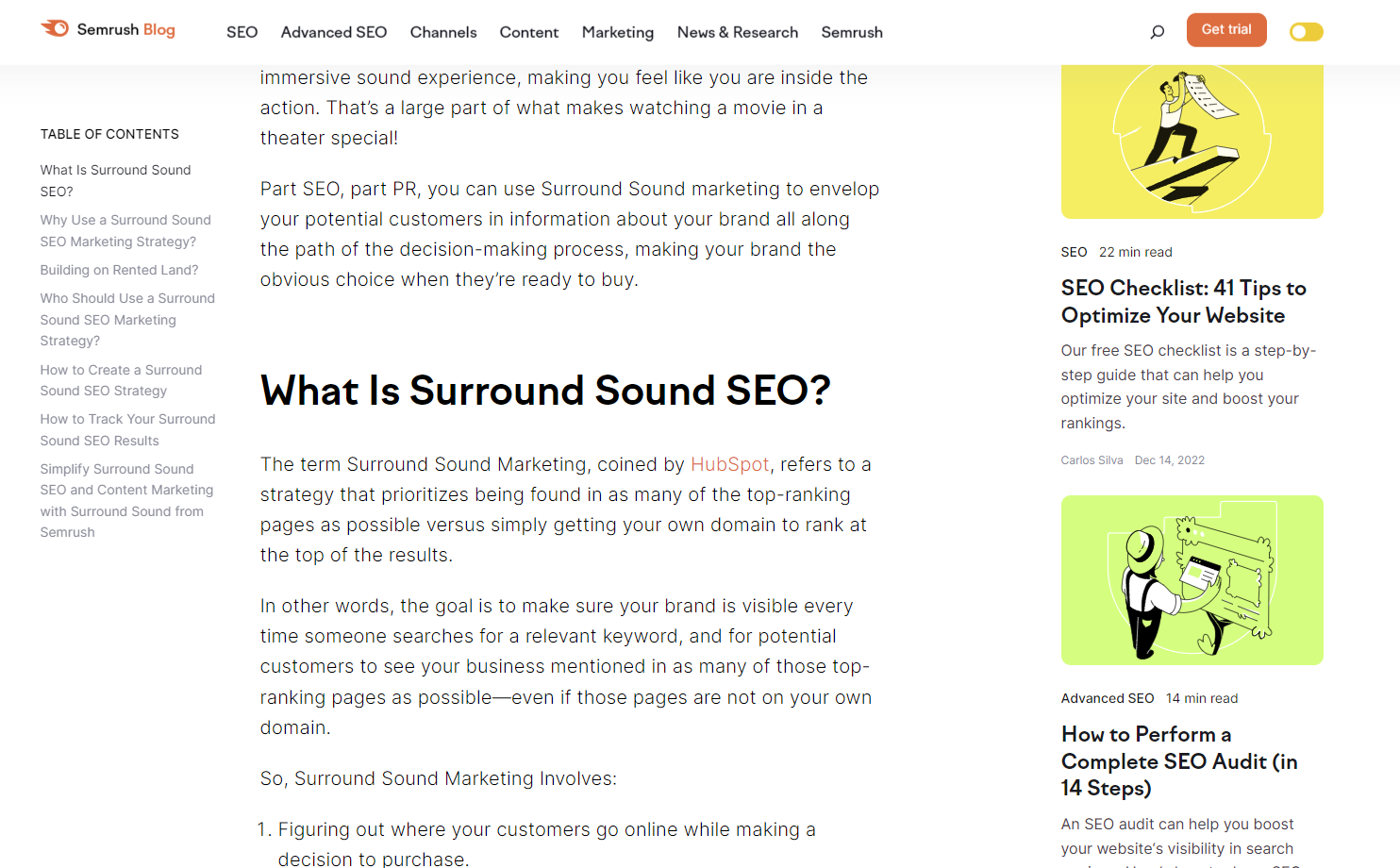 Semrush 有关环绕声 SEO 的文章的屏幕截图