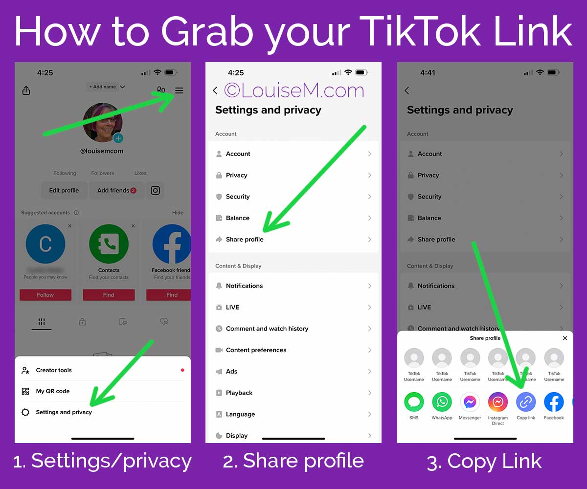 3 capturas de tela mostram como copiar o link do TikTok.