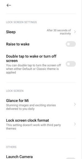 Krok 2, jak włączyć Rzut oka na telefonie Mi - Znajdź opcję ekranu blokady, zobaczysz Glance for Mi