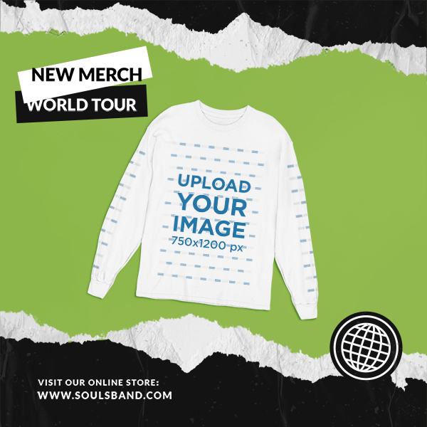 Machetă de tricou cu mânecă lungă pentru o vânzare de produse muzicale