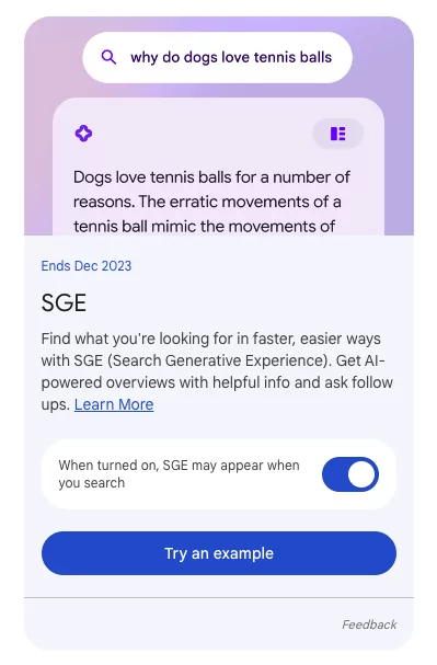 ภาพหน้าจอของการเปิดใช้ SGE ใน Search Labs