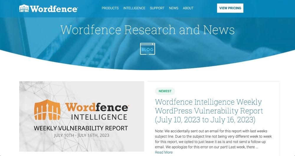 screenshot del blog di Wordfence