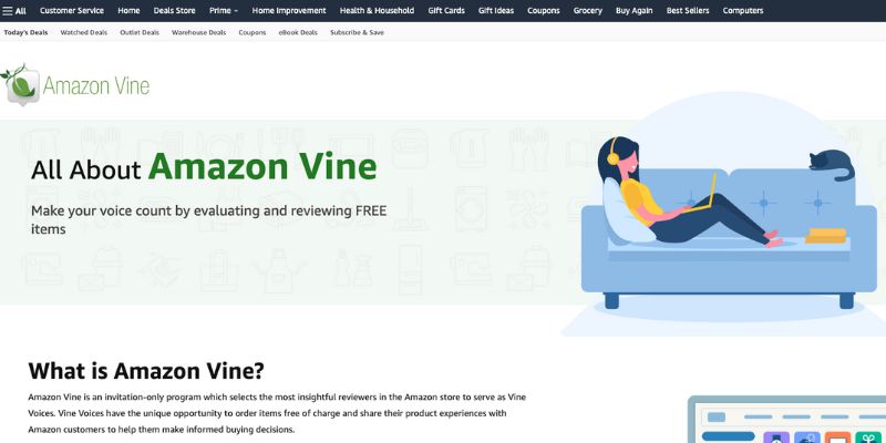 captura de tela da página inicial do amazon vine
