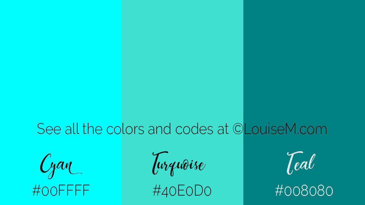 3 carikan warna dengan nama dan kode hex menunjukkan Cyan lebih dekat ke Turquoise daripada ke Teal.