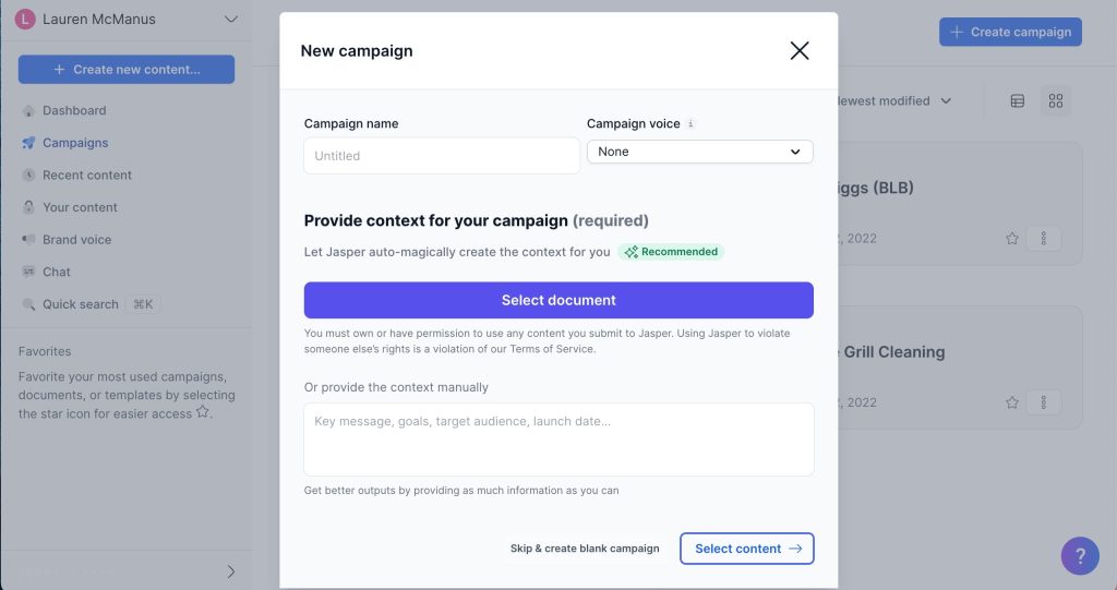screenshot della funzionalità delle campagne AI di Jasper