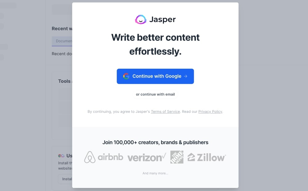 registrarsi per uno screenshot di prova gratuito di Jasper AI