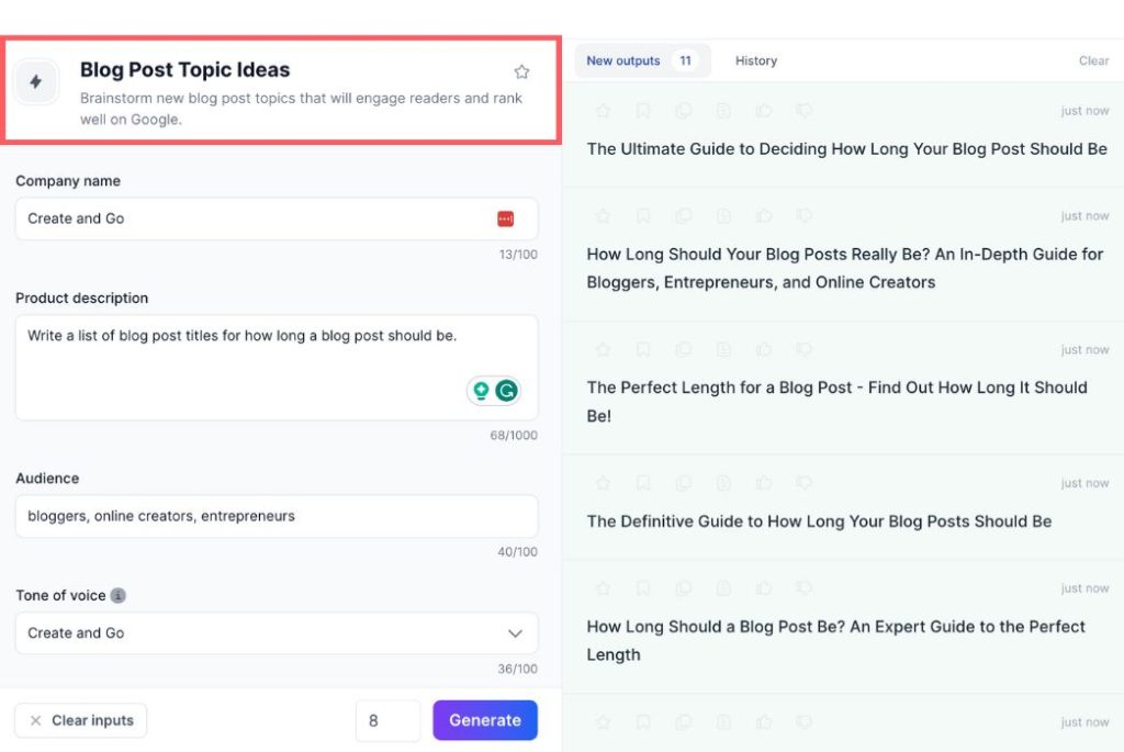 Screenshot delle idee sull'argomento del post del blog di Jasper AI