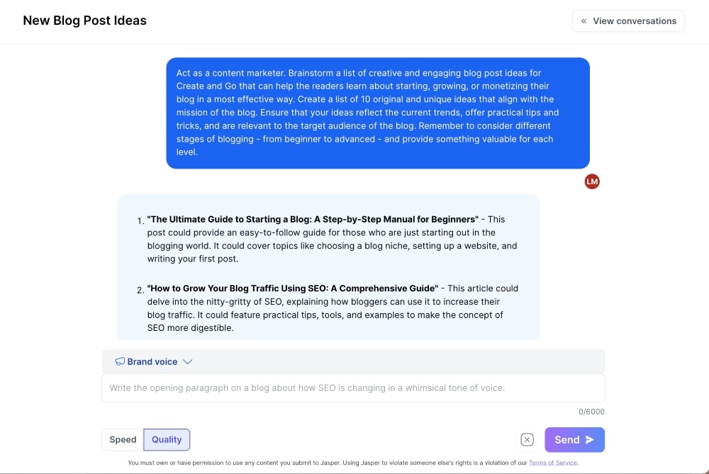 utilizzando la chat di Jasper AI per generare nuovi screenshot di idee per post sul blog