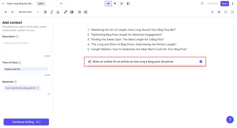 Schermata del prompt del profilo del documento Jasper AI