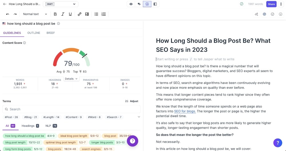 screemshot della funzione di integrazione SEO di Jasper AI Surfer