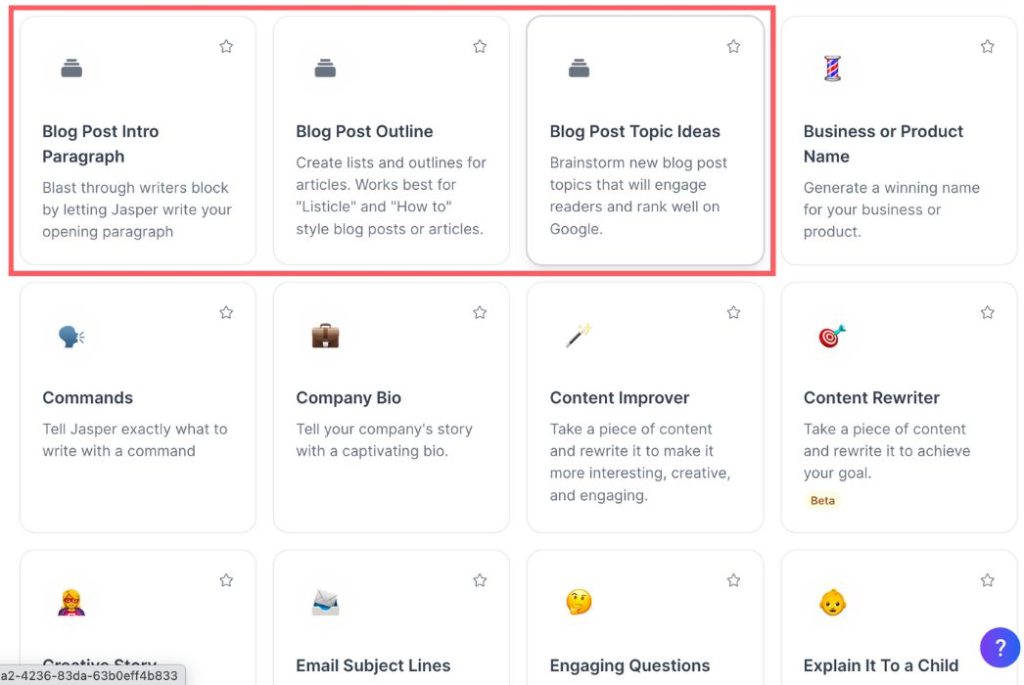 screenshot dei modelli di post del blog di Jasper AI