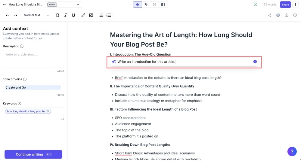 screenshot del prompt di scrittura di Jasper AI nei documenti