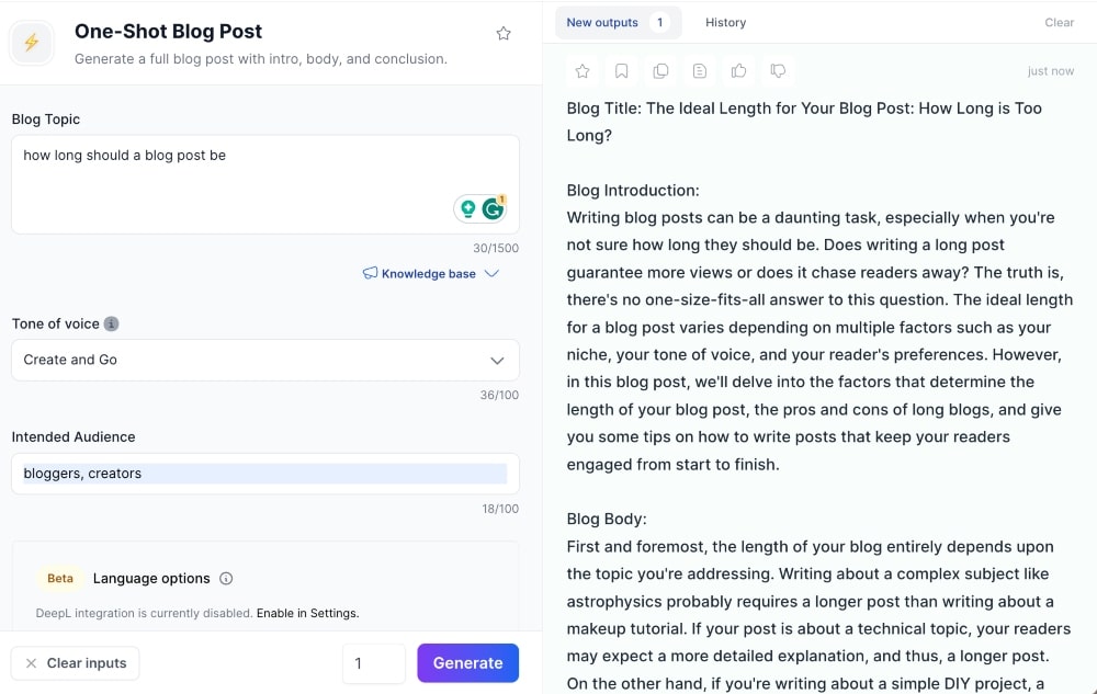 screenshot della funzione di post sul blog one-shot di Jasper AI