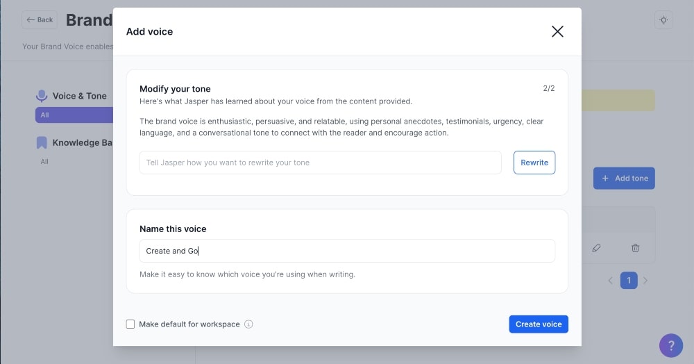 screenshot della configurazione vocale del marchio Jasper AI