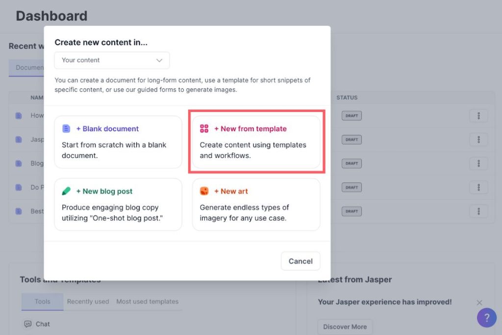 screenshot del nuovo contenuto di Jasper AI