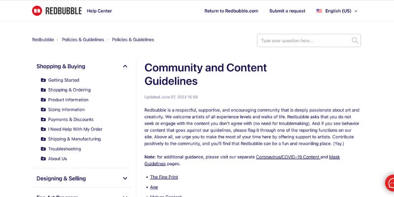 capture d'écran de la communauté redbubble et des directives de contenu