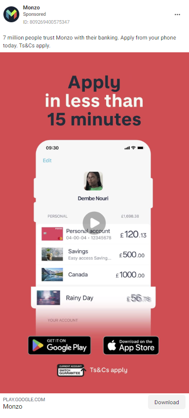 Cuplikan layar iklan Monzo dari Facebook