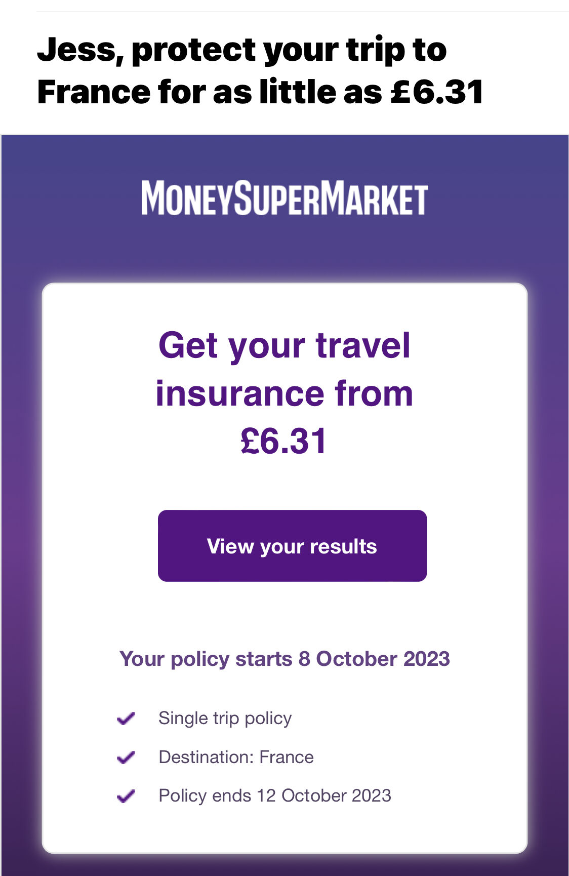 Cuplikan layar email tindak lanjut dari Moneysupermarket
