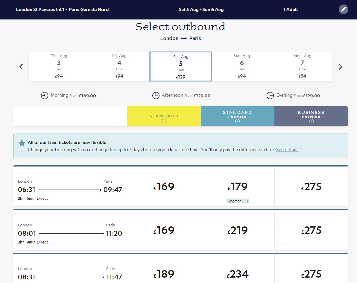 Cuplikan layar halaman harga Eurostar