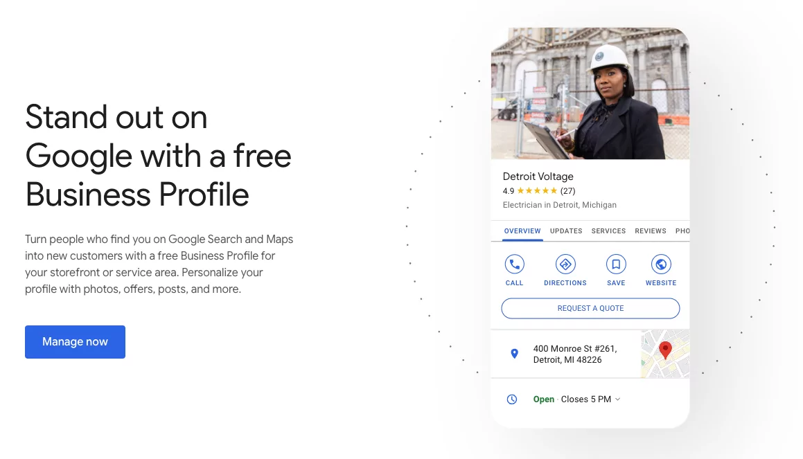图片展示了 Google 商家资料示例,这是一款免费的本地 SEO 工具