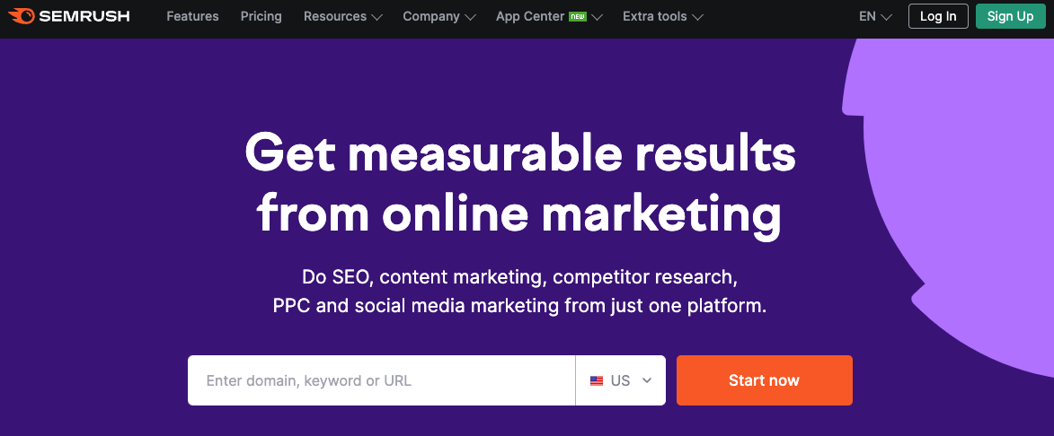 Semrush 注册页面的图像,本地 SEO 工具