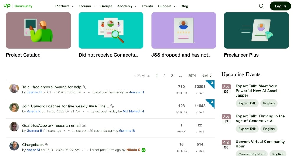 Schermata della comunità di Upwork