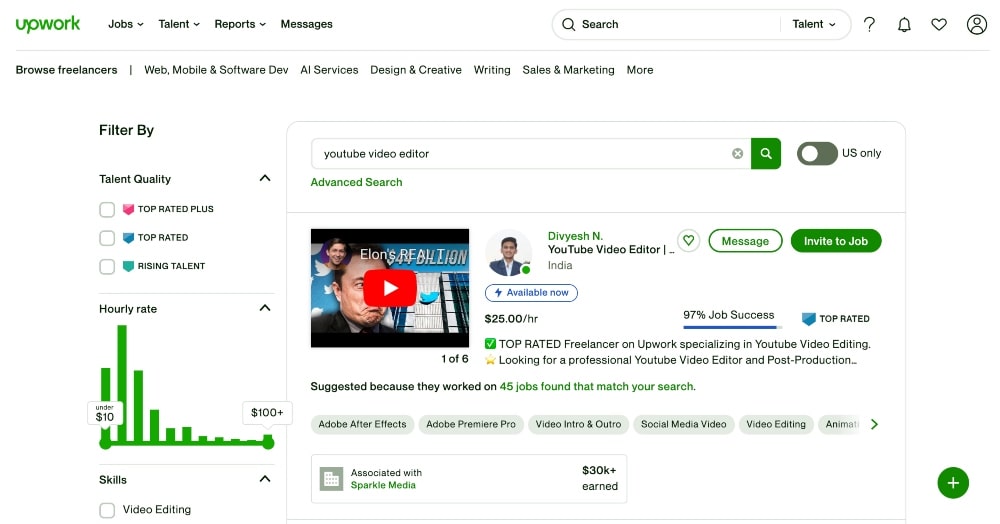 screenshot degli elenchi di editor video Upwork