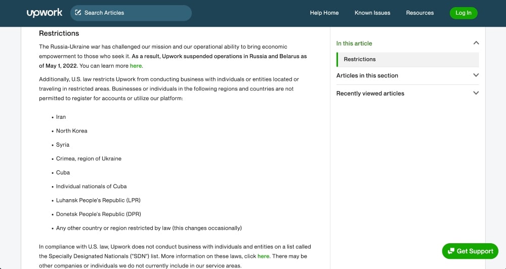 screenshot delle restrizioni del paese di Upwork