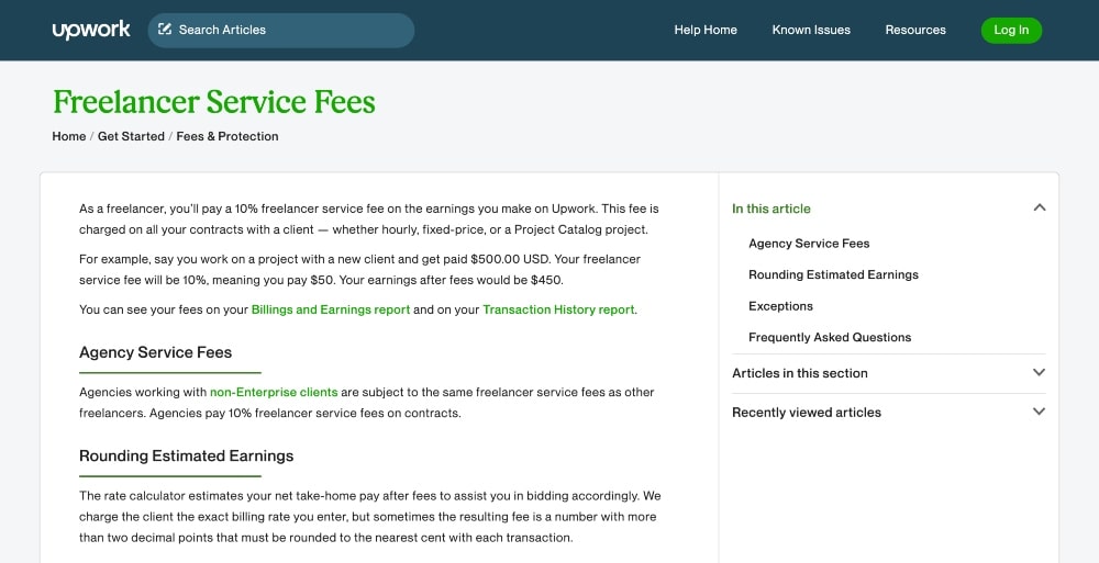 screenshot delle tariffe del servizio Upwork Freelancer