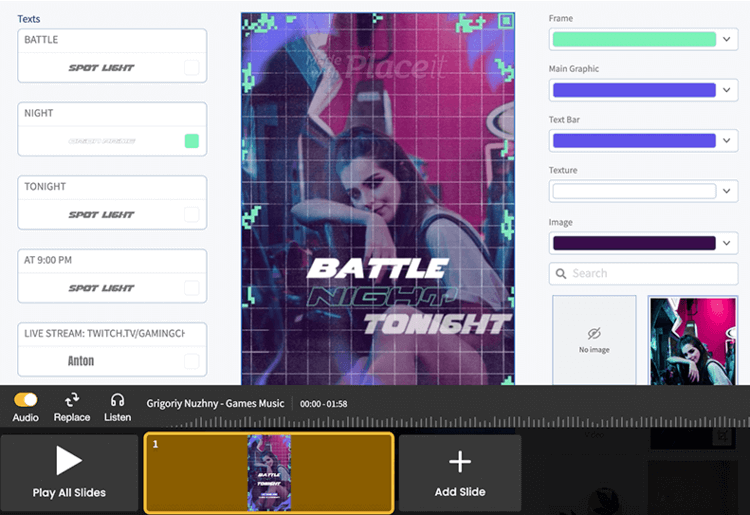 Widok w edytorze Placeit, aby przekonwertować klipy Twitcha na filmy Tiktok