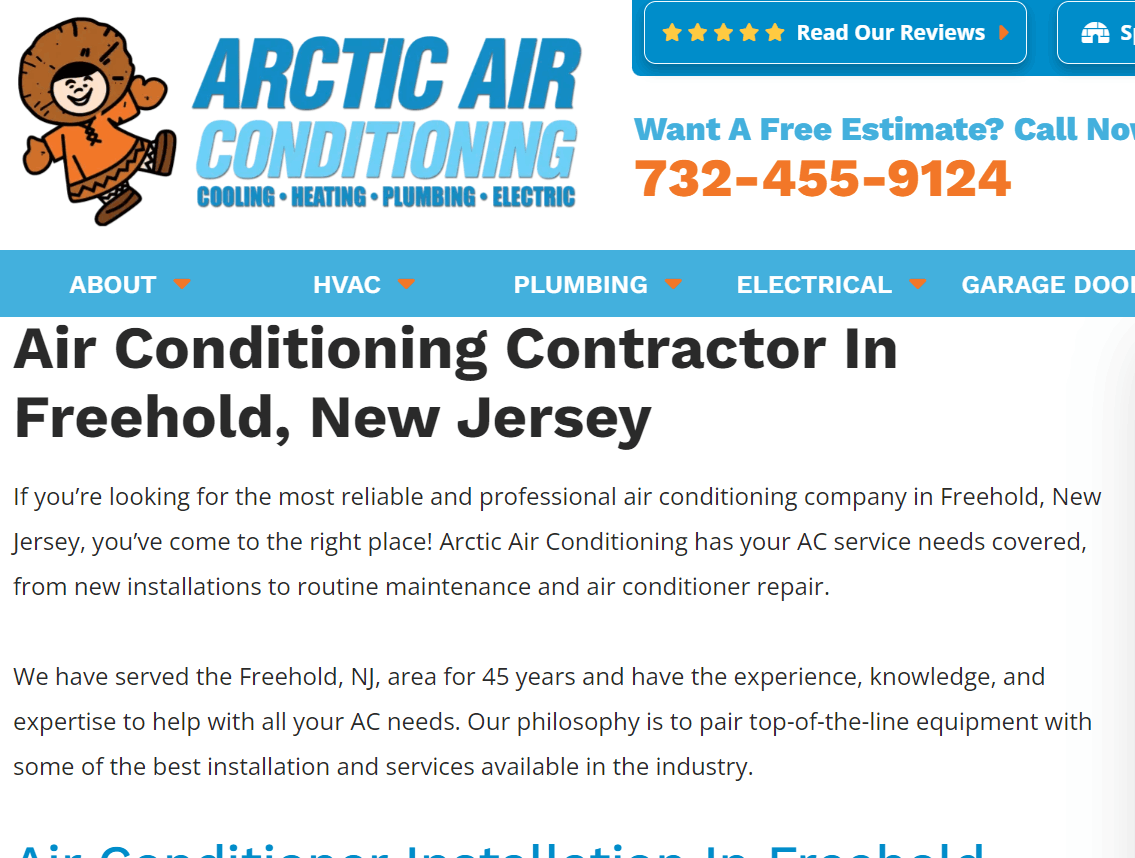 HVAC 公司網站上的地理定位服務頁面。
