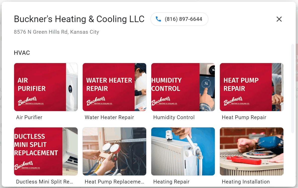 某 HVAC 公司 GBP 上的產品和服務部分。
