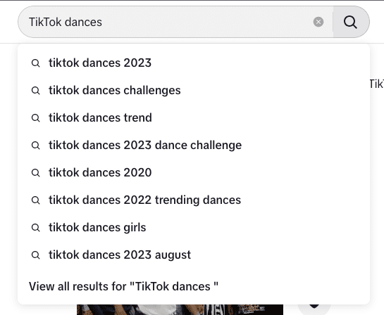 Captură de ecran a sugestiilor de căutare a cuvintelor cheie SEO TikTok