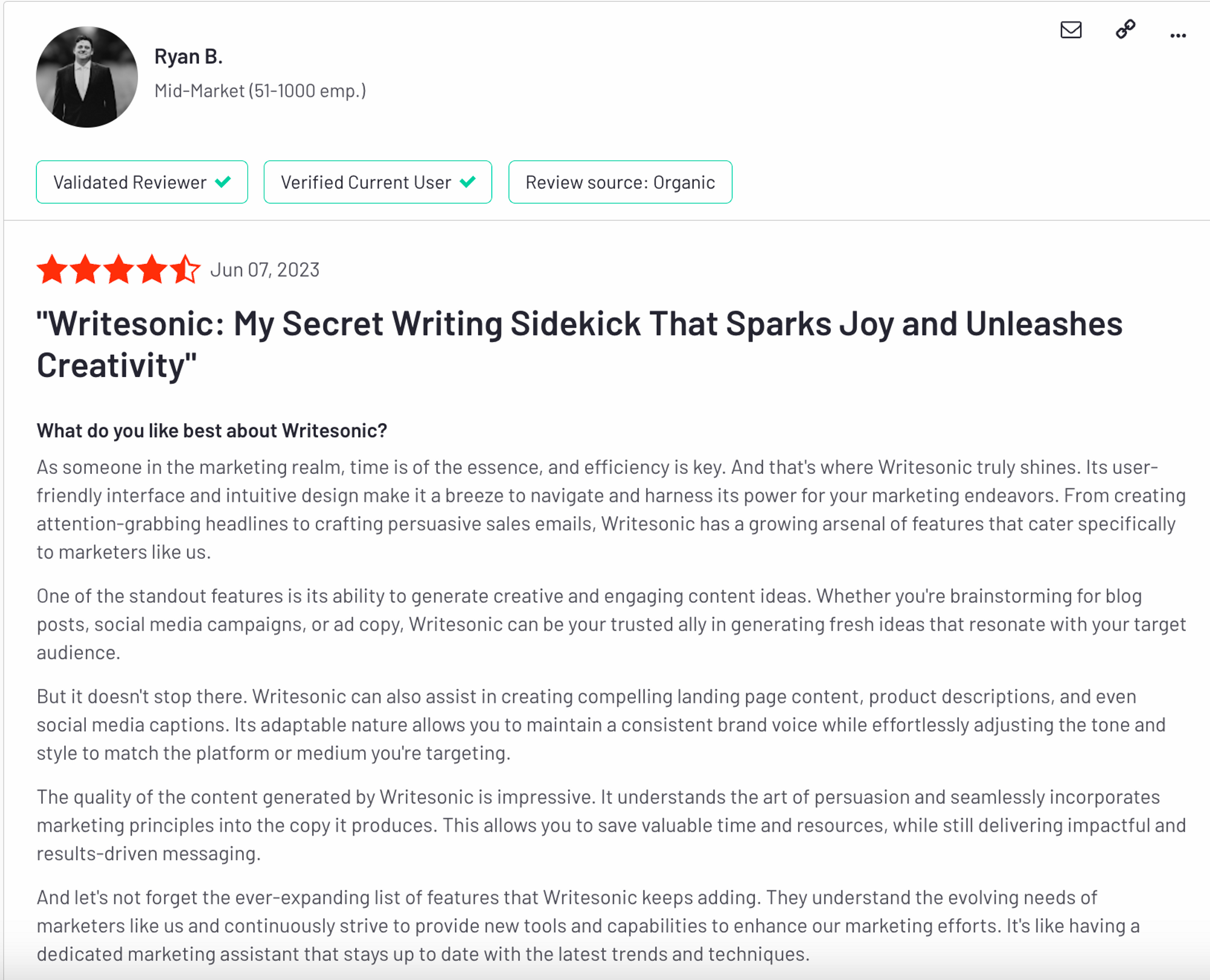 Writesonic recensione su G2 - strumenti di intelligenza artificiale generativa