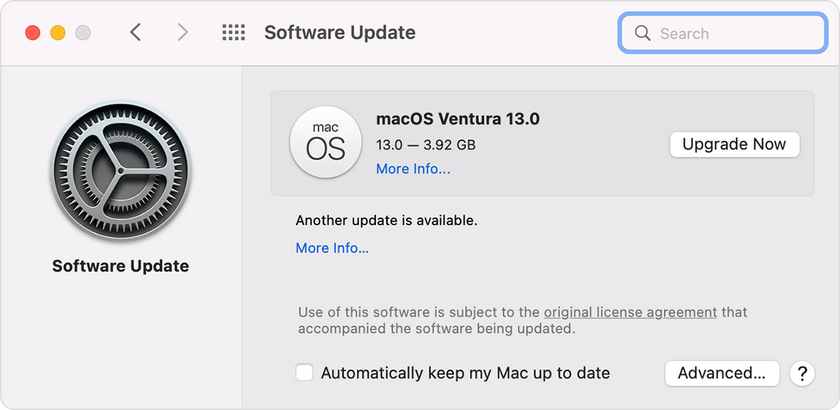Preferenze di sistema macOS Schermata Aggiornamenti software.