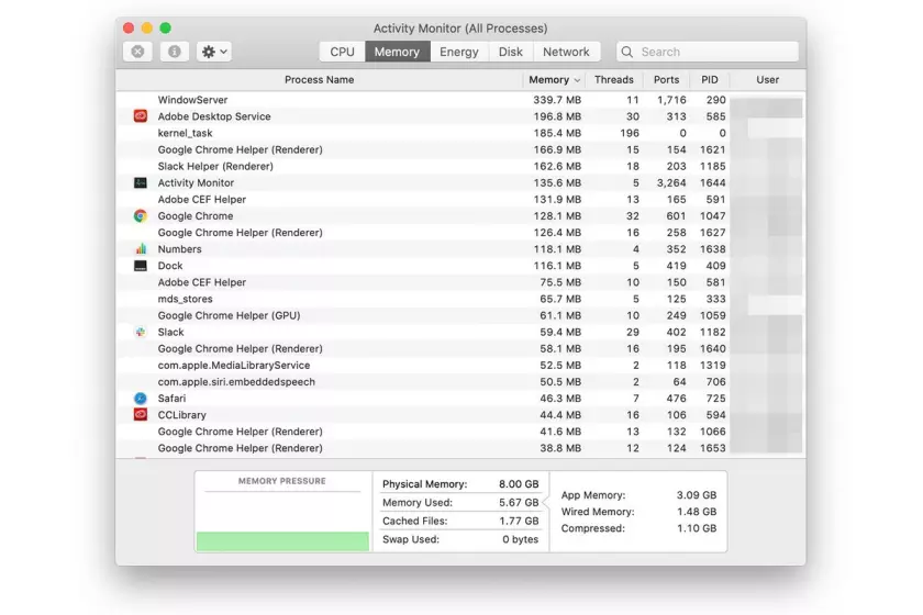 Usa Activity Monitor per tenere traccia dell'utilizzo della memoria del Mac.