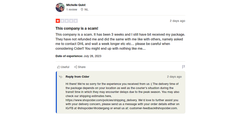 Revisão de cidra (envio lento) no Trustpilot