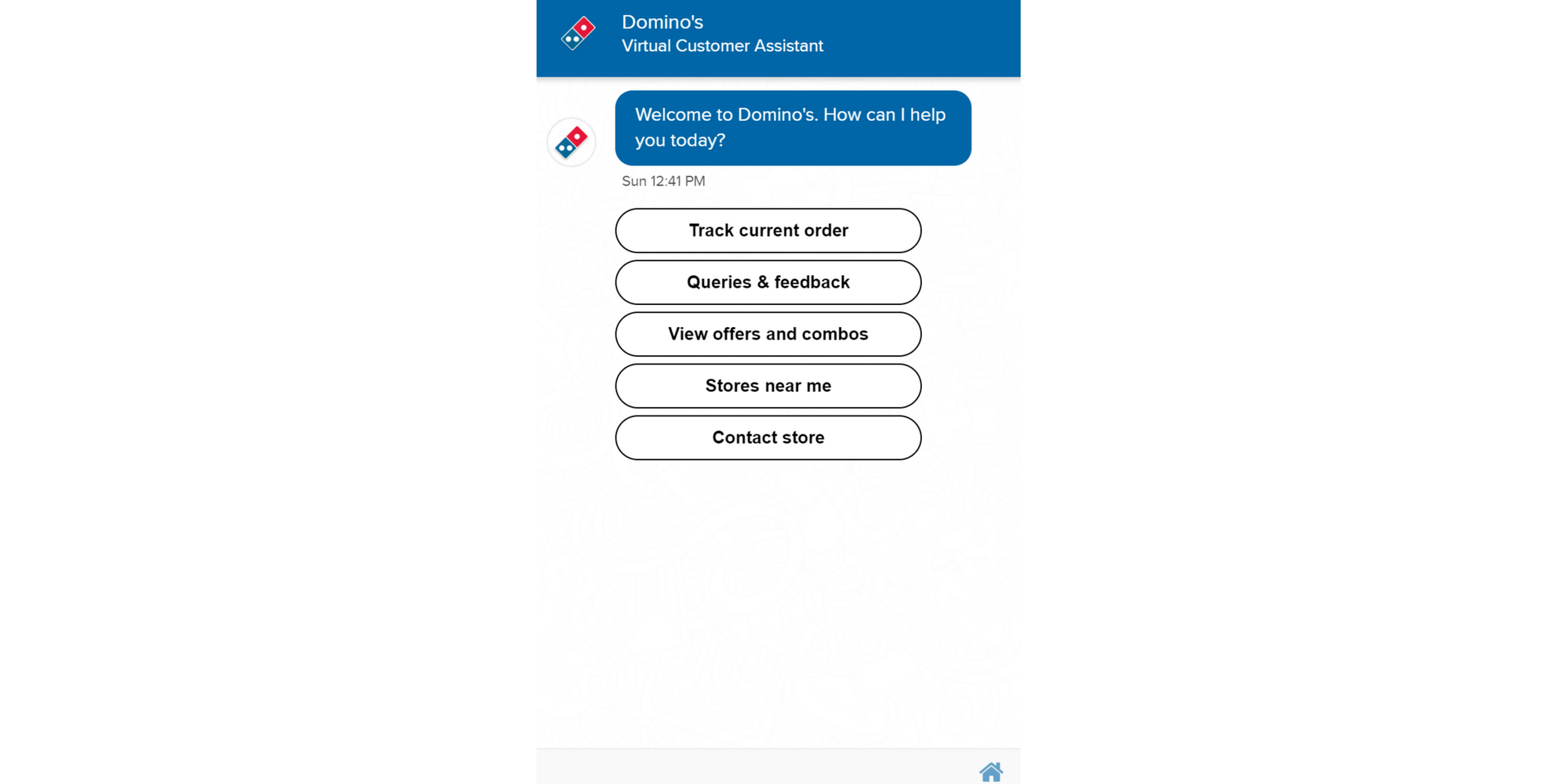 Esempio di chatbot basato su menu di Dominos