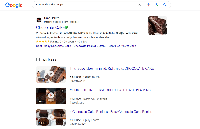 Un resultado de búsqueda de receta de pastel de chocolate.