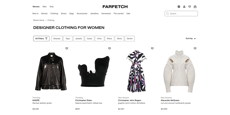 Page du catalogue de produits Farfetch