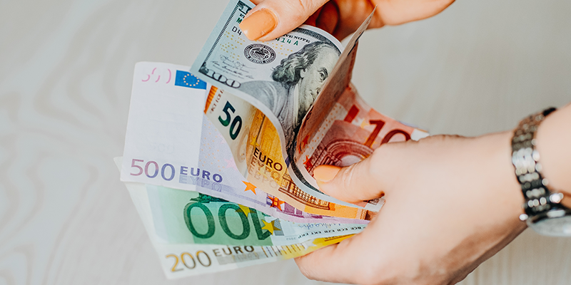 Deux mains comptant les billets en euros et en dollars