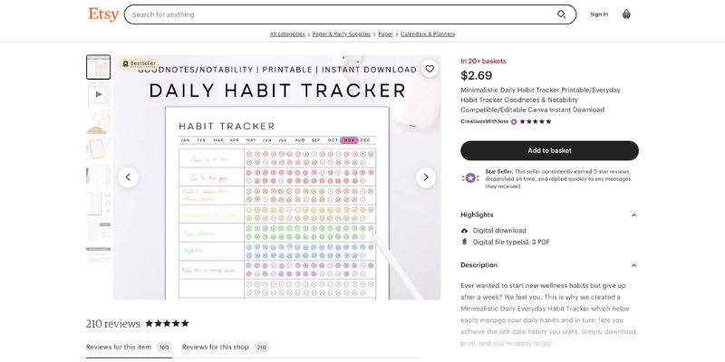 capture d'écran de la page de vente Etsy
