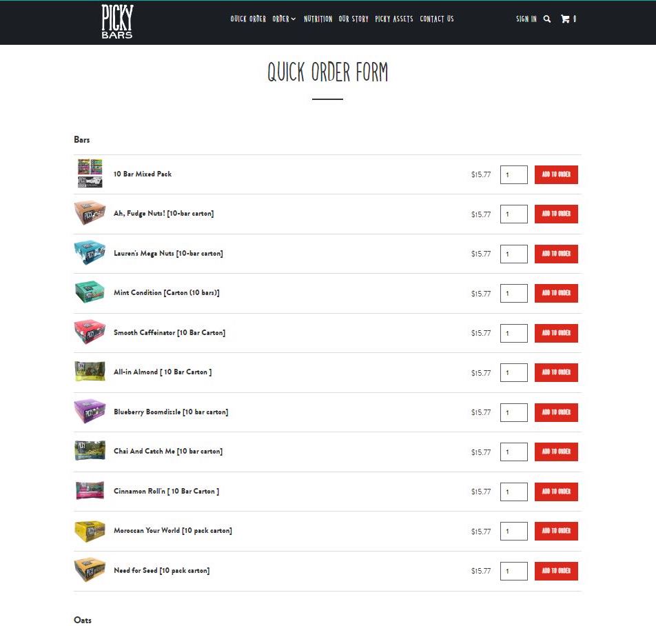 Lista de pedidos rápidos B2B de Picky Bars