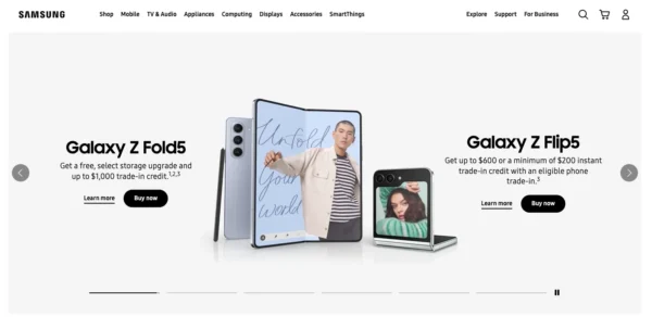 conținut vizual îmbunătățit site-ul web Samsung