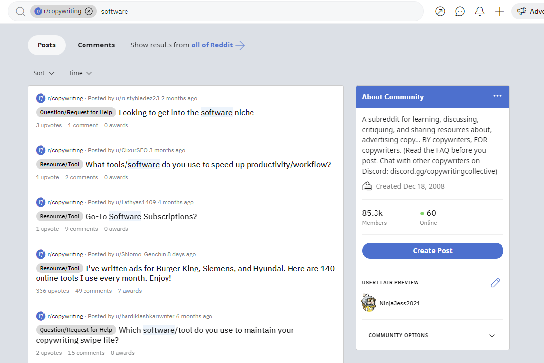 Capture d'écran d'une recherche de « logiciel » dans le subreddit r/copywriting