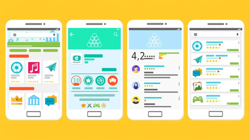 さまざまなアプリが表示されたスマートフォンのグループ。