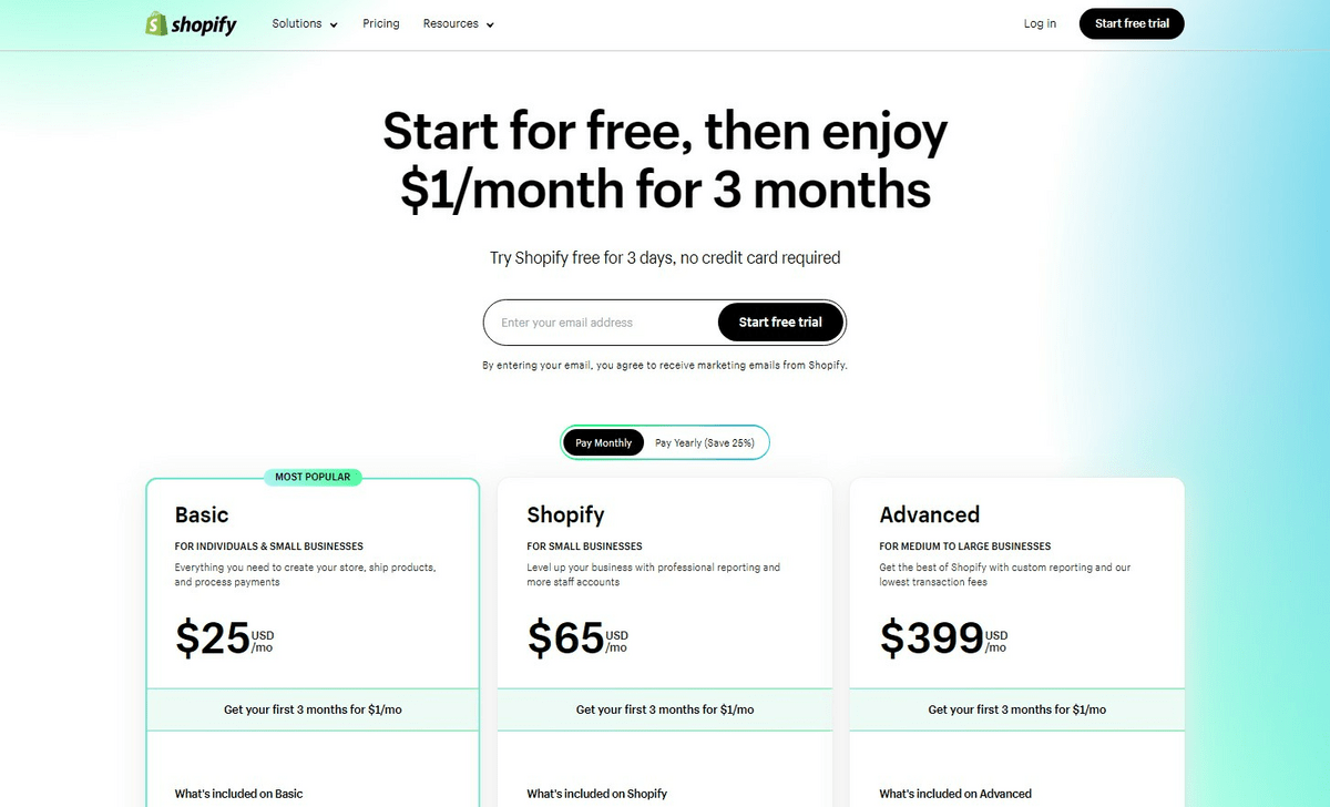 Página de precios de Shopify que muestra sus diversos planes de suscripción