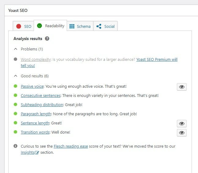 Captura de pantalla de un informe de Yoast SEO sobre un artículo