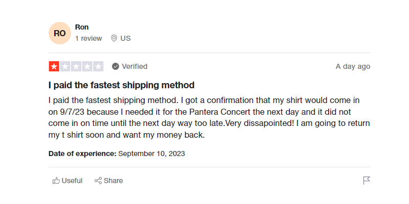 Revisione della consegna in ritardo di TeePublic su Trustpilot