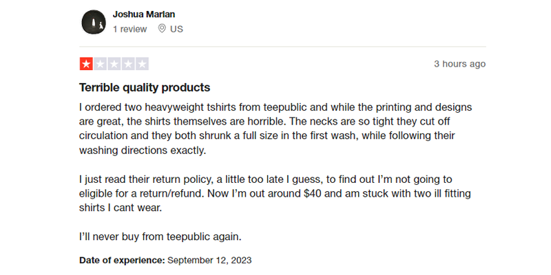 Recensione dei problemi di idoneità di TeePublic su Trustpilot